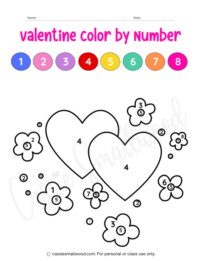 Valentine color-by-number worksheet with geometric shapes for Pre-K students 21