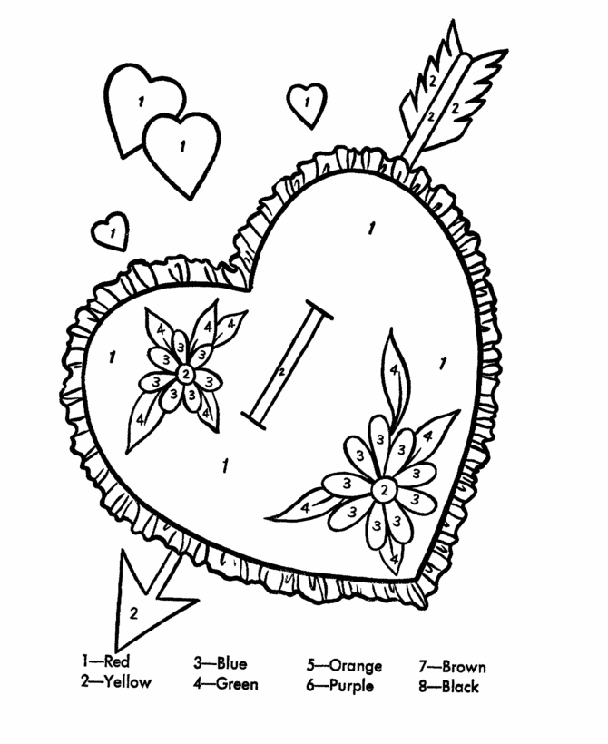 Pre-K Valentine color-by-number worksheet featuring geometric shapes and holiday hearts