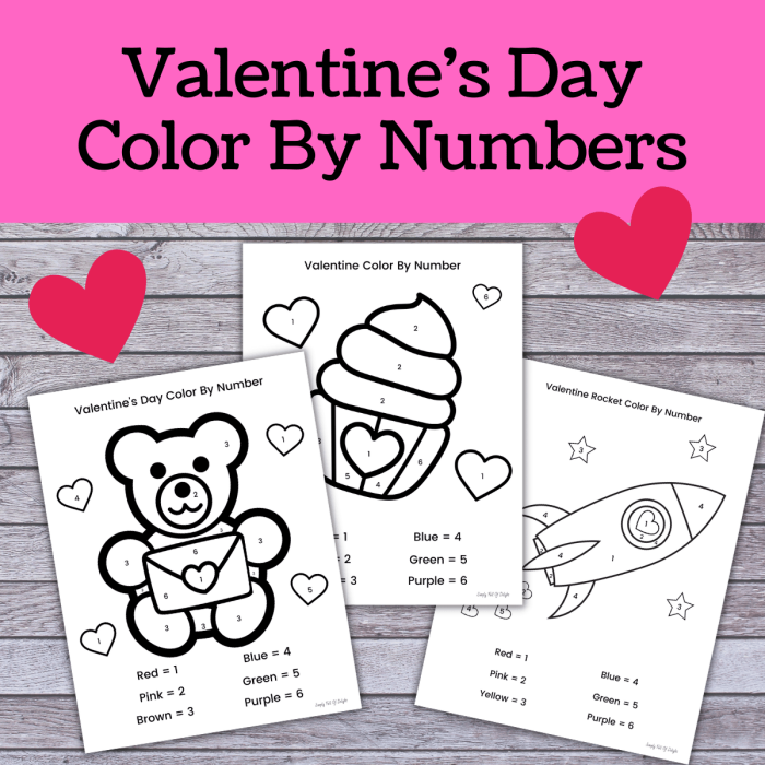 Pre-K Valentine color-by-number worksheet with simple geometric shapes for young learners