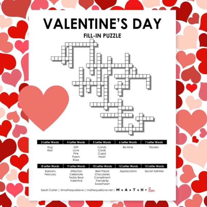 Fourth grade students solve a Valentine Day themed word search puzzle by finding 23 hidden holiday vocabulary words