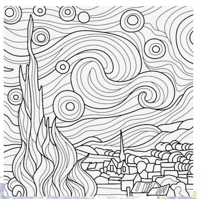 Fifth grade student coloring page featuring a line art version of Van Gogh Starry Night for art history lessons