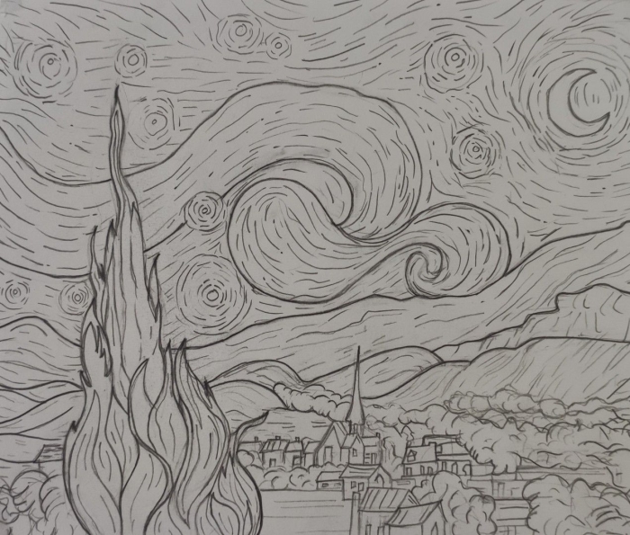 Fifth grade student coloring page featuring Vincent Van Gogh's Starry Night masterpiece