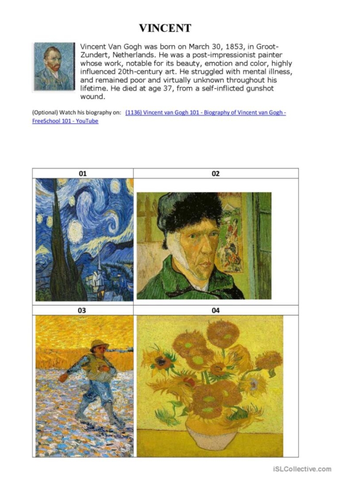 A fifth grade reading worksheet featuring a printable outline of Van Gogh Starry Night for students to color