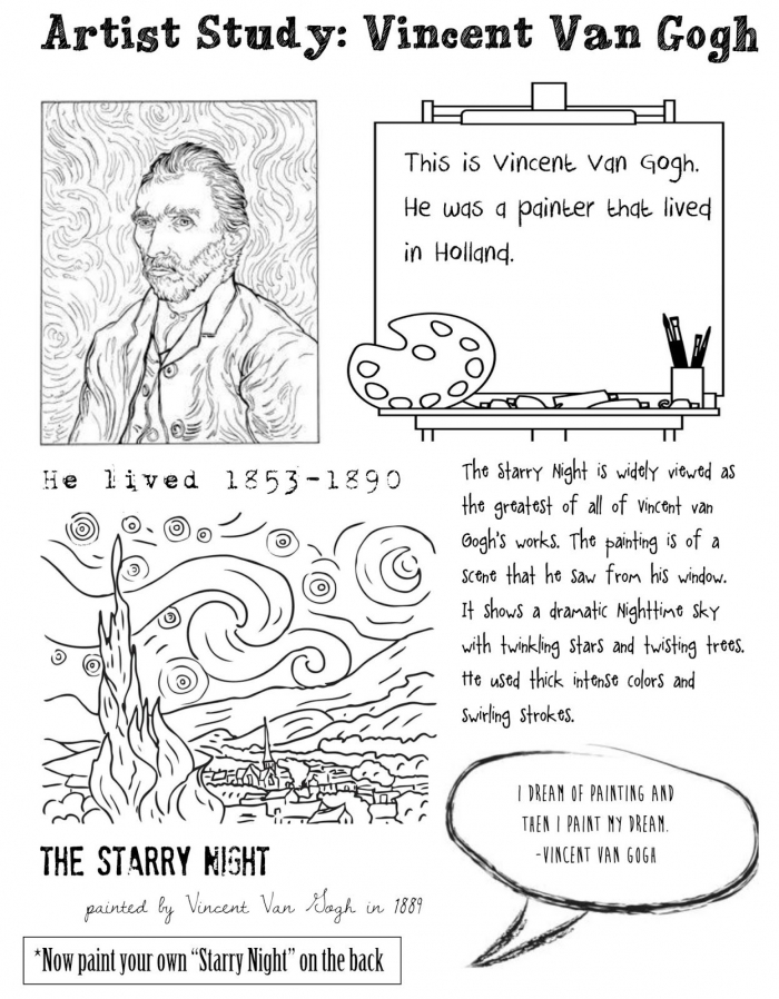 Fifth grade student coloring a printable page featuring Van Gogh's Starry Night masterpiece