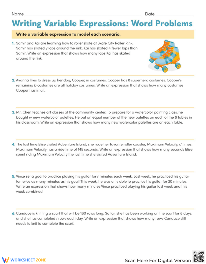 Variable Expression Word Problems Matching Activity 13 for Sixth Grade Algebra Sixth grade worksheet featuring a matching activity for variable expression word problems with mixed operations