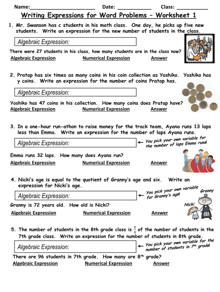 Choose Variable Expressions To Model Word Problems Worksheet 23 Sixth grade math worksheet for modeling word problems using variable expressions