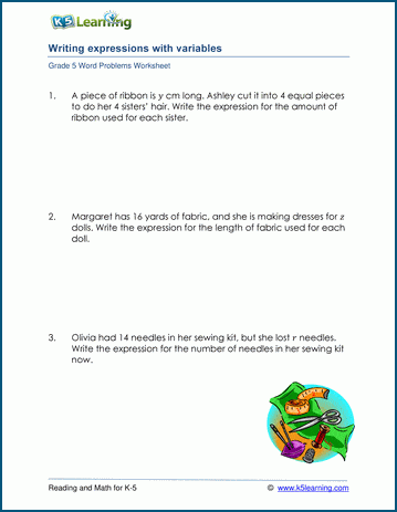 Sixth grade math worksheet featuring word problems for practicing writing variable expressions
