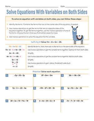 Eighth grade worksheet for solving algebraic equations with variables on both sides