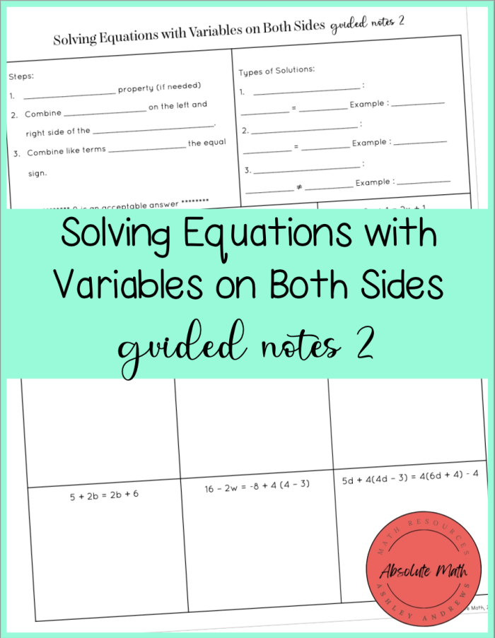 Eighth grade student working through solving equations with variables on both sides practice problems on a worksheet
