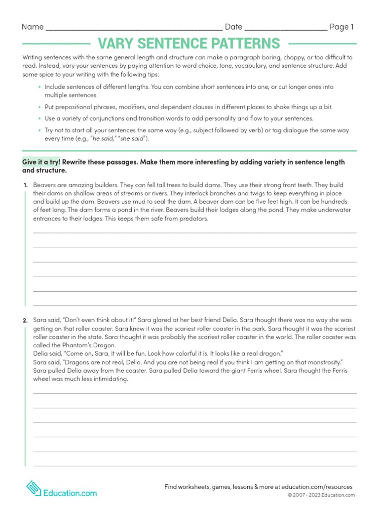 Interactive two-page worksheet to enhance sentence variety in history writing Vary Sentence Patterns worksheet for sixth graders with engaging writing prompts