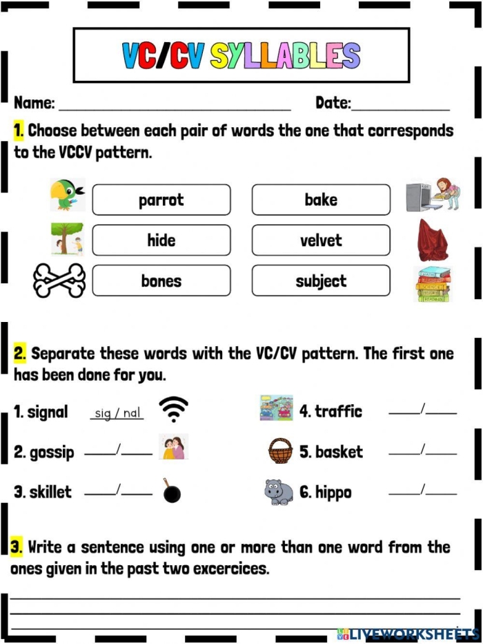 Worksheet 15 showing children dividing syllables in VC/V word patterns for spelling practice First grade students practicing syllable division with VC/V pattern words on a reading worksheet