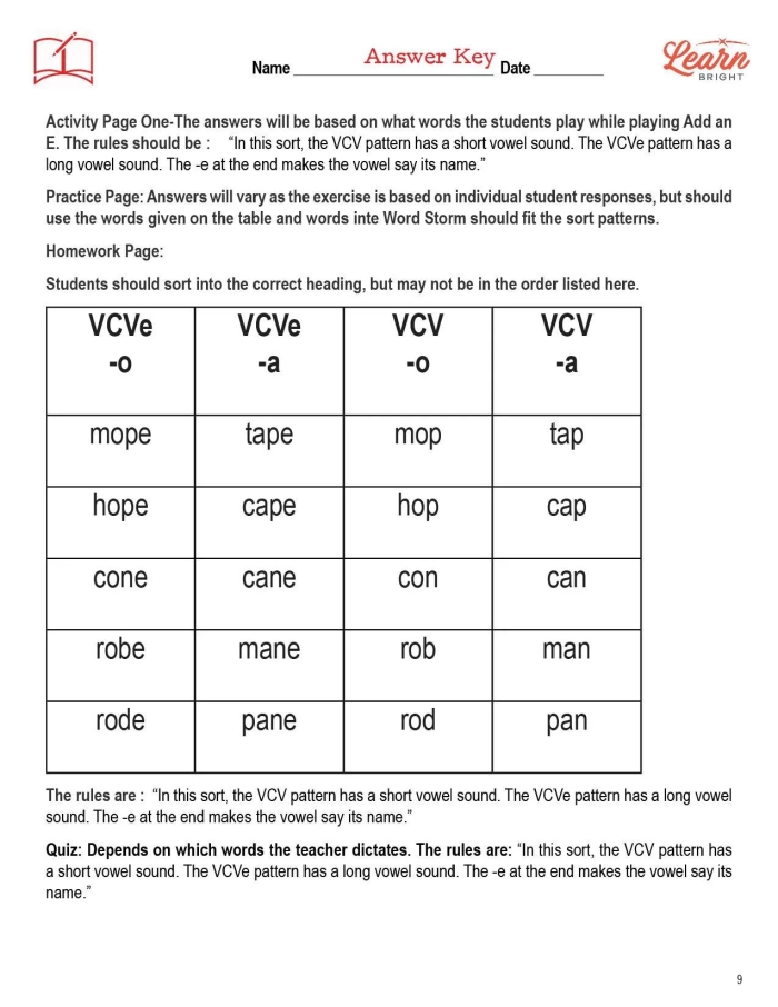 First grade student worksheet for practicing the VC/CV syllable division pattern