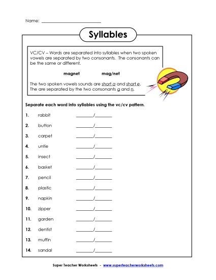 First grade worksheet for practicing syllable division with the VCCV pattern