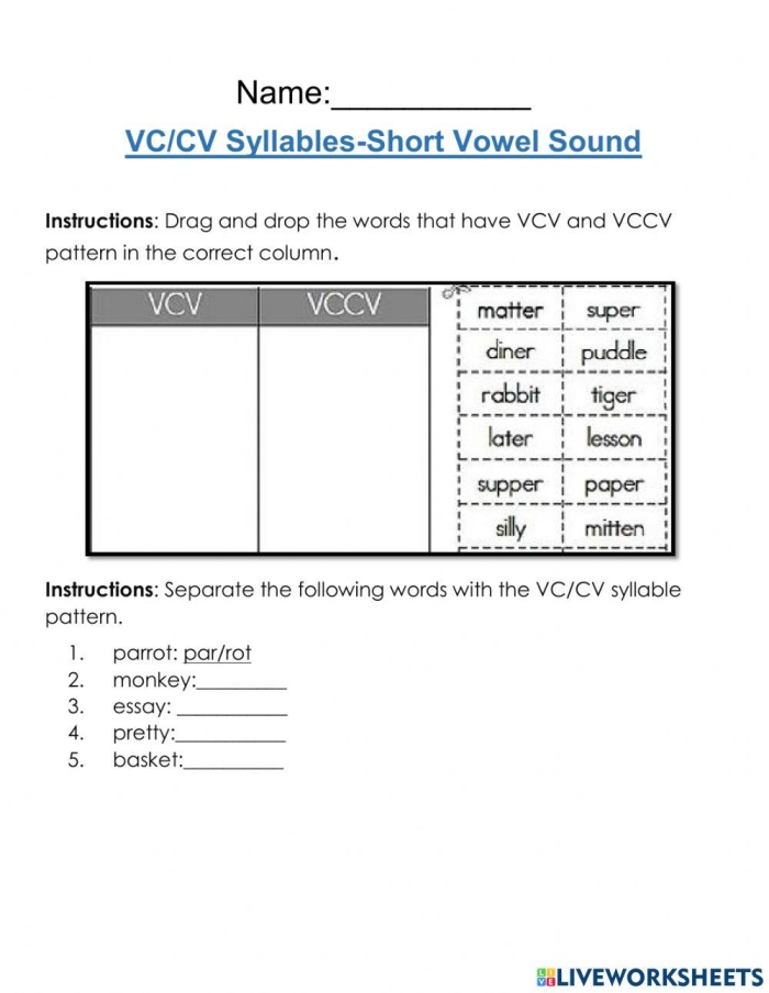 First grade student worksheet for practicing the VC/CV syllable division pattern