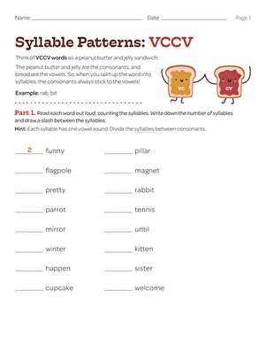Worksheet for first graders on separating syllables in VC/CV words