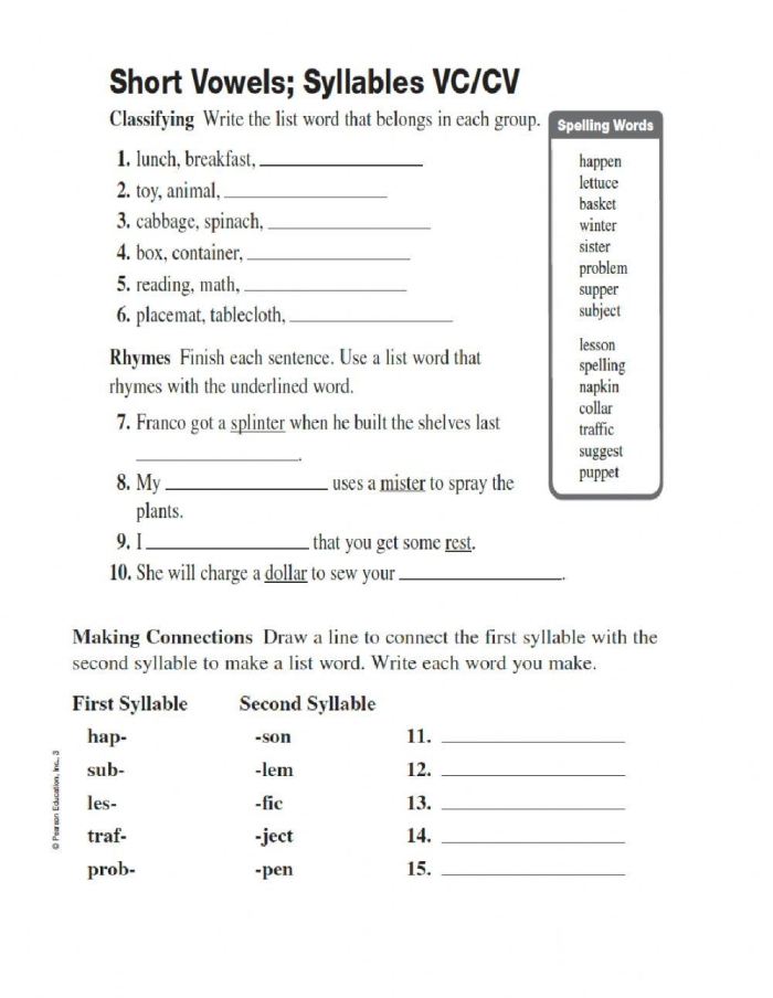 Syllable Patterns VCCV Practice Worksheet Image 12 for First Grade Handwriting First grade VCCV syllable pattern worksheet showing word division and sorting activities for learners