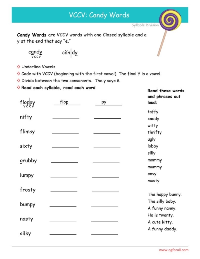 Syllable Patterns VCCV Worksheet 19 for First Grade Students First grade worksheet for practicing VCCV syllable division and handwriting skills