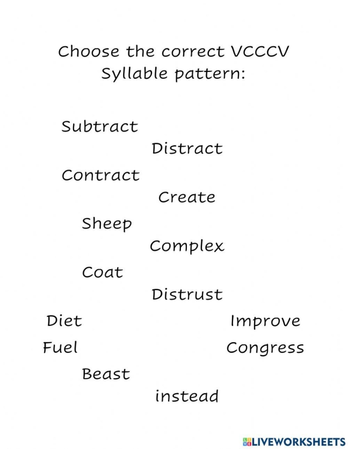 Handwriting worksheet for First Grade Syllable Patterns: VCCV worksheet for First Grade