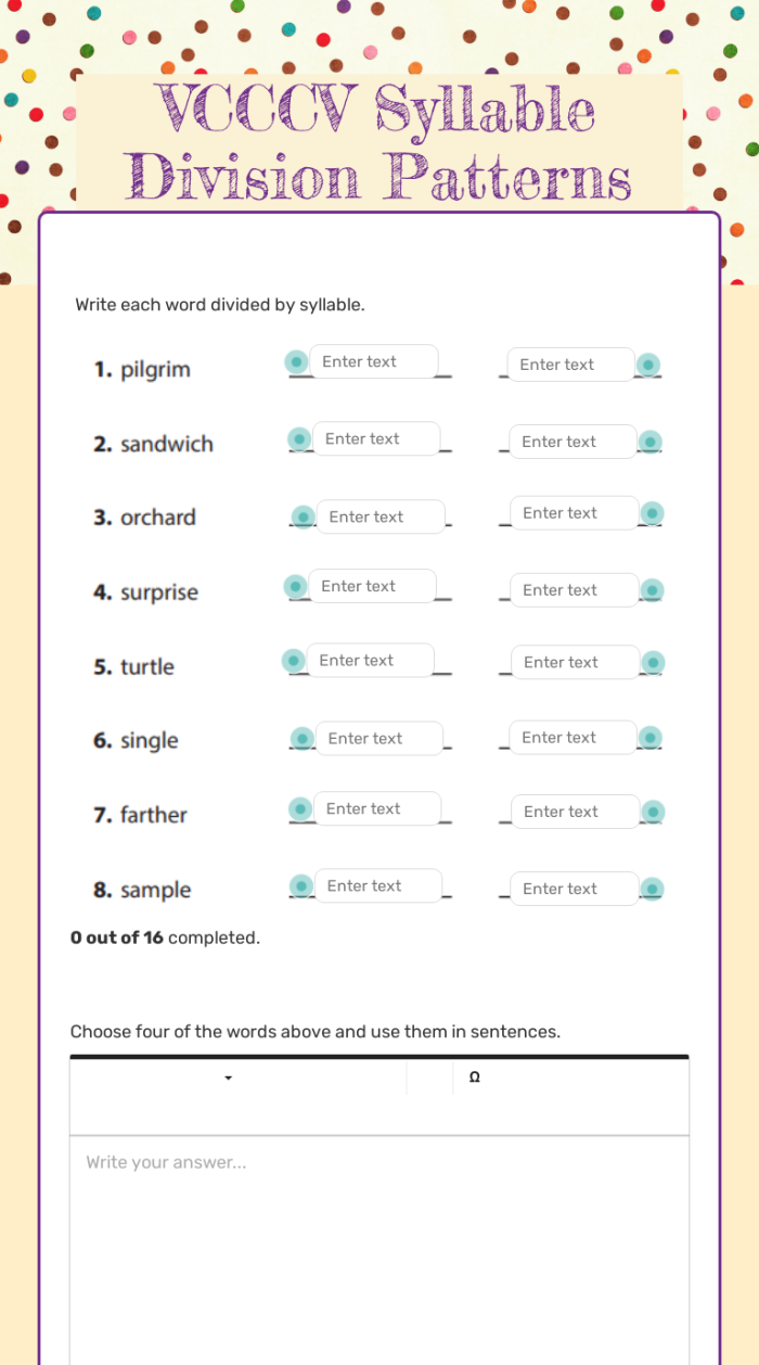 Syllable Patterns VCCV Worksheet 17 for First Grade Handwriting First grade worksheet showing examples of VCCV syllable patterns for handwriting practice