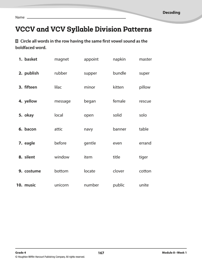 Syllable Patterns VCCV Worksheet Eleven for First Grade Handwriting Practice First grade VCCV syllable patterns worksheet featuring word sorting and division exercises