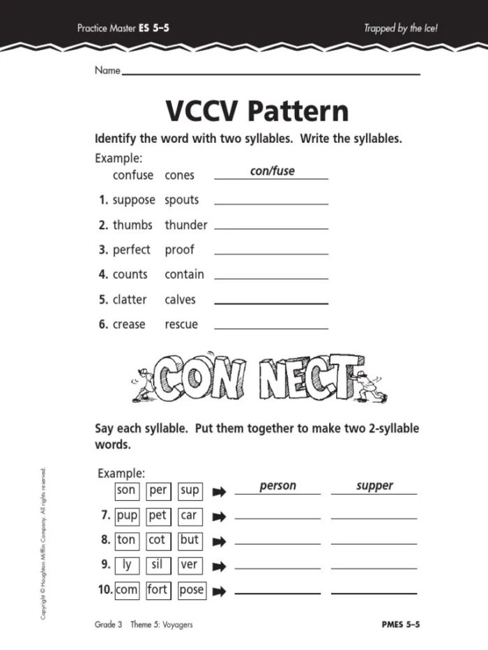VCCV Word Division Practice Activity for Beginning Readers First grade students practice dividing VCCV syllable pattern words by counting and sorting them into groups on this two-page handwriting worksheet