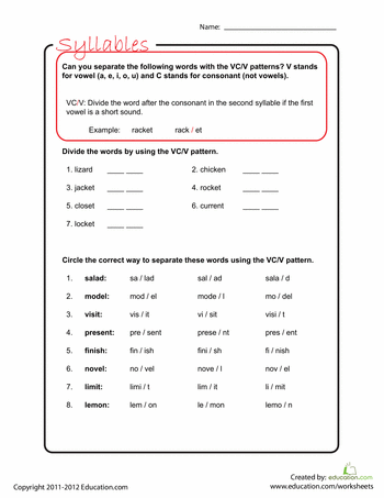 Syllable separation activity showing VC/V word division practice for beginning readers First grade students practice dividing VC/V pattern words into syllables on worksheet exercise 2
