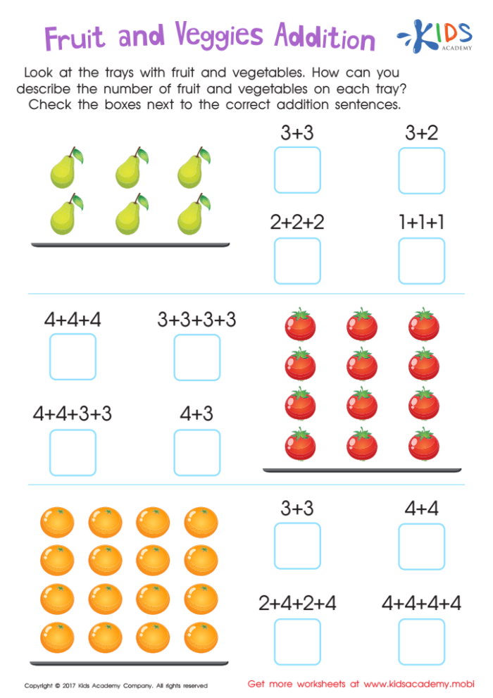 Grammar and Mechanics worksheet for Pre-K Veggies Addition worksheet for Pre-K