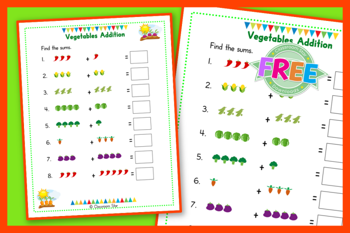 Grammar and Mechanics worksheet for Pre-K Veggies Addition worksheet for Pre-K
