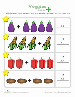 Grammar and Mechanics worksheet for Pre-K Veggies Addition worksheet for Pre-K