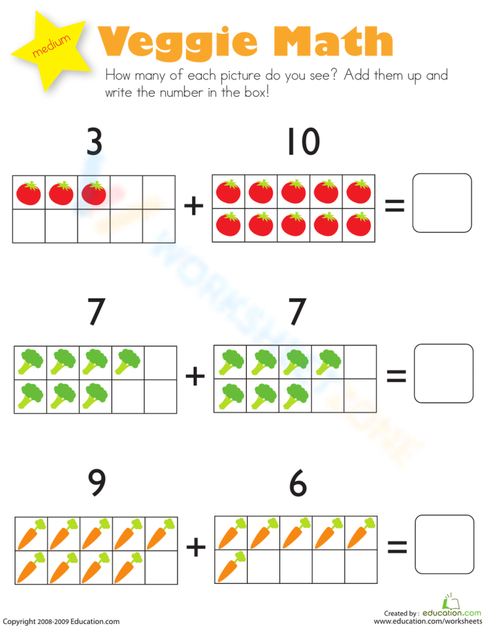Grammar and Mechanics worksheet for Pre-K Veggies Addition worksheet for Pre-K