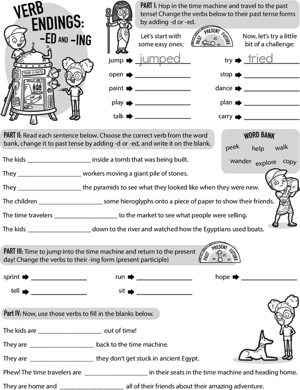 Third grade grammar worksheet featuring practice exercises for adding -ed and -ing verb endings