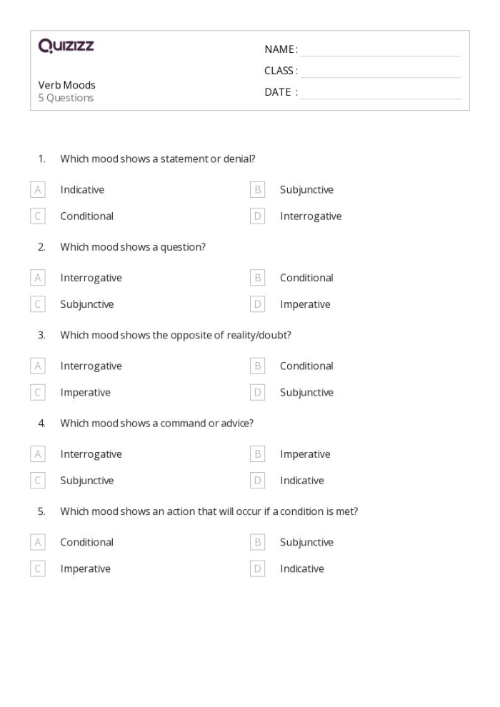 Eighth grade worksheet focusing on identifying and practicing different verb moods in sentences