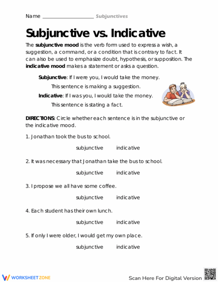 Eighth grade student worksheet focusing on identifying and practicing the five verb moods in English grammar.