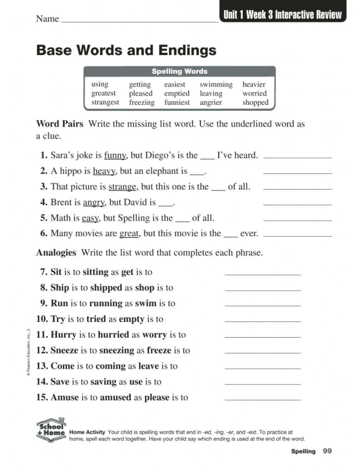 Second grade student completing an educational worksheet on verb tenses with ed and ing suffixes