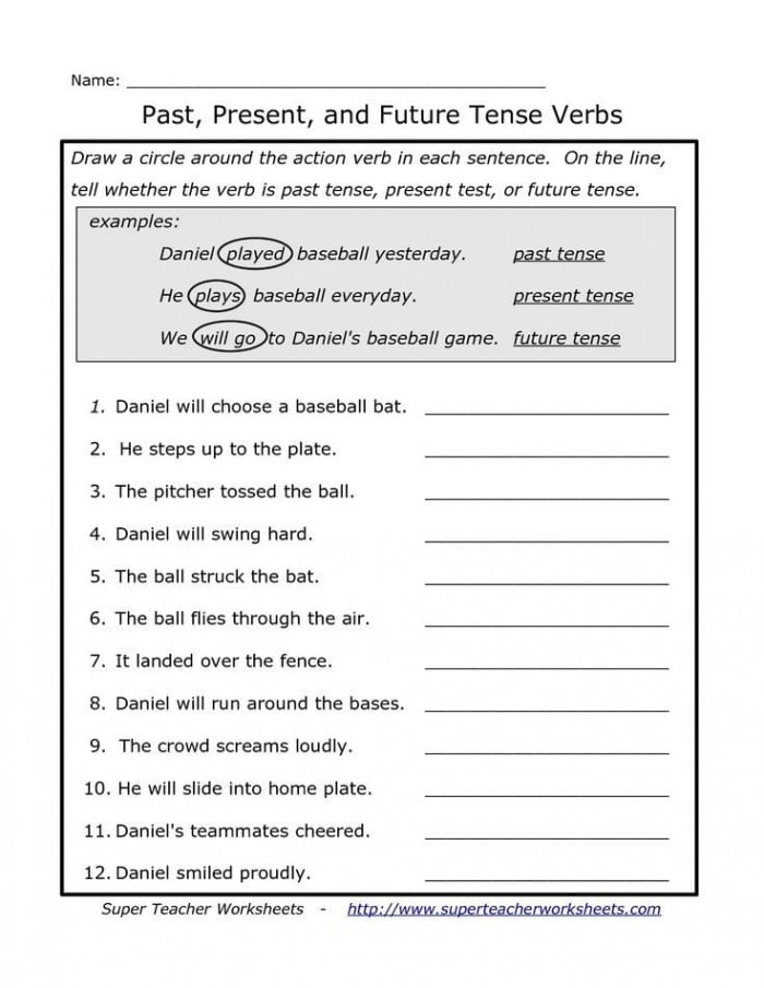 Practice identifying verb tense in sentences with this grammar exercise for fifth graders Fifth grade grammar worksheet showing sentences with verbs for identifying past, present, and future tense