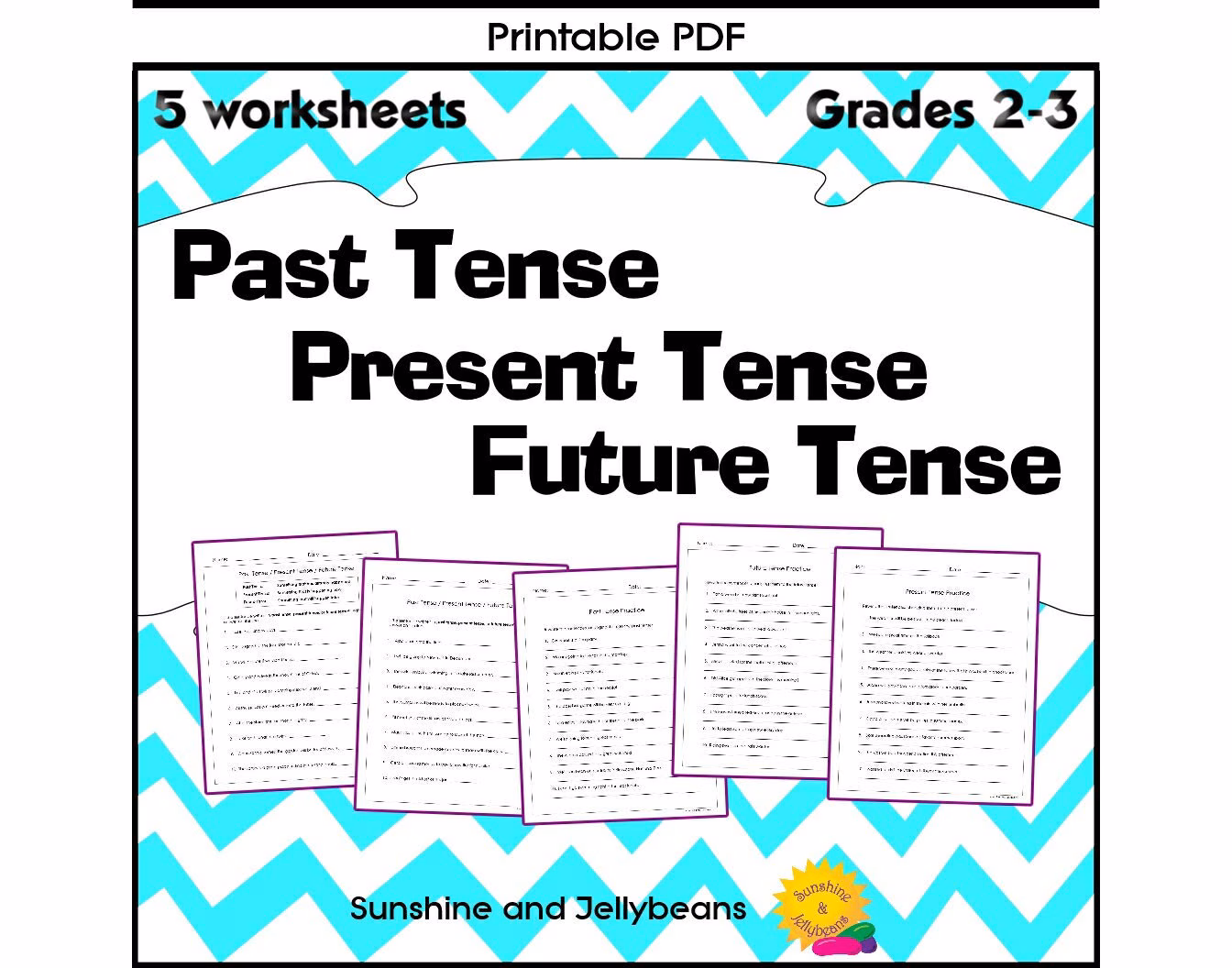 Practice identifying simple verb tenses in sentences for elementary grammar instruction Fifth grade grammar worksheet showing sentences with blank spaces for students to identify whether verbs are in past, present, or future tense