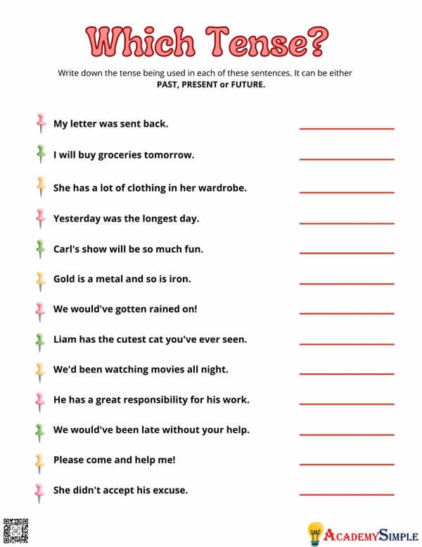 Practice worksheet seven for identifying whether sentences use past, present, or future verb tenses Fifth grade grammar worksheet showing sentences with verb tense identification exercises for past, present, and future tenses