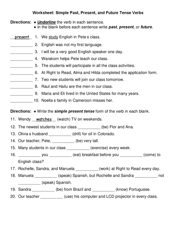 Practice worksheet with example sentences teaching simple verb tense recognition for elementary students Fifth grade grammar worksheet showing sentences for students to identify whether verbs are in past, present, or future tense