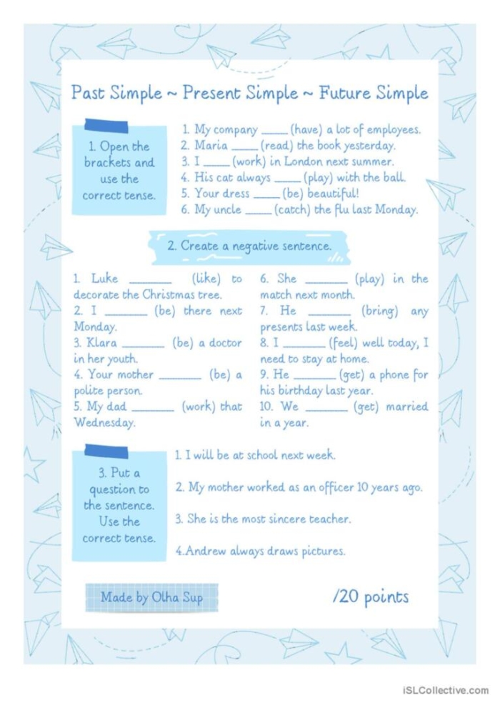 Practice identifying simple verb tenses in sentences with this interactive grammar exercise for elementary learners Fifth grade grammar worksheet showing sentences for students to identify past, present, and future verb tenses