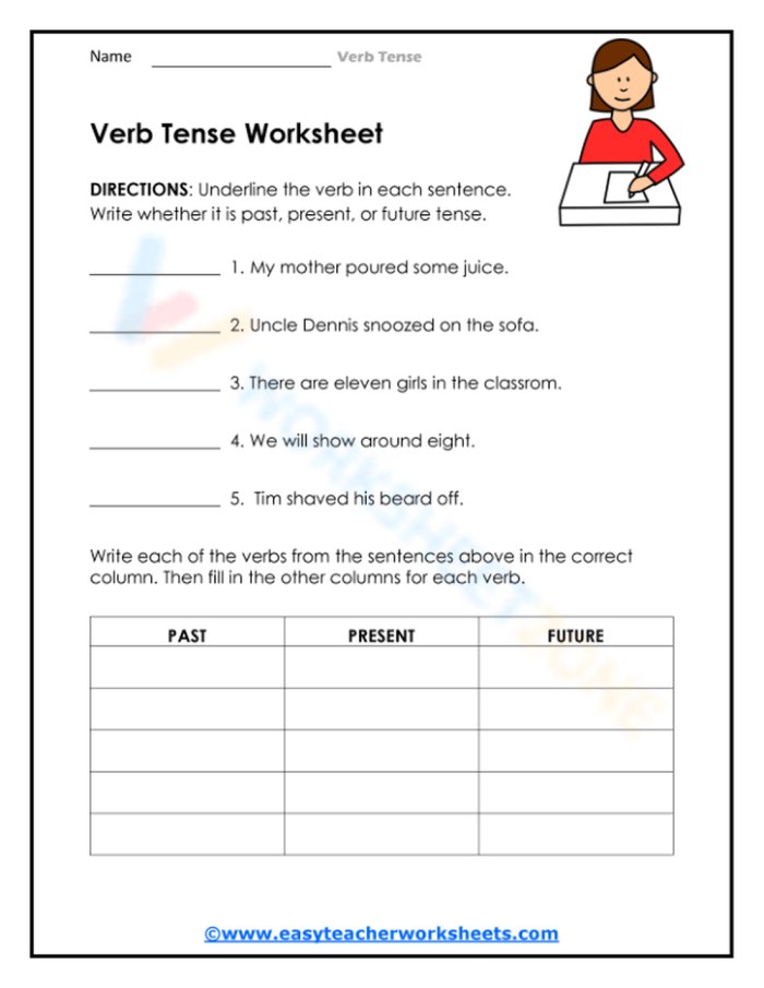 Show What You Know About Verb Tense Worksheet Nine A student filling out the Show What You Know About Verb Tense fifth grade worksheet