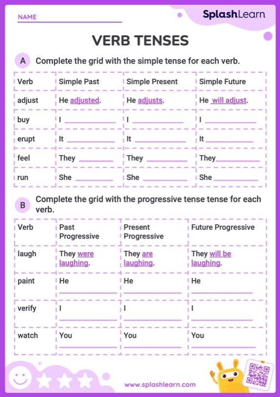 Fourth grade student worksheet focusing on identifying and practicing past, present, and future verb tenses number twelve