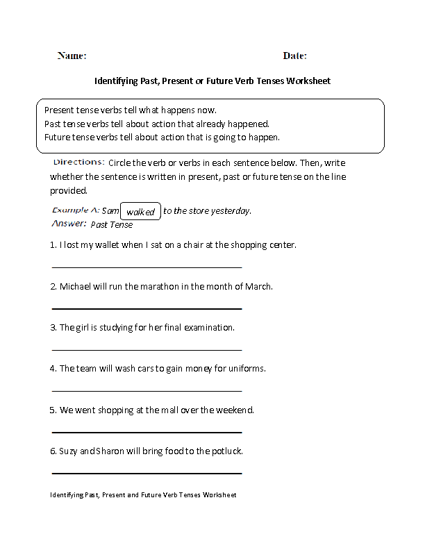 Is the Sentence in the Past Present or Future Tense Worksheet 23 Fifth grade student practicing verb tense identification on a grammar worksheet