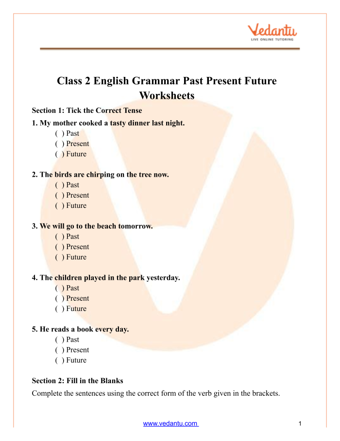 Worksheet for practicing verbs in past, present, and future tenses for fourth graders. Verbs: Past, Present, and Future Tense Worksheet for Grade 4.