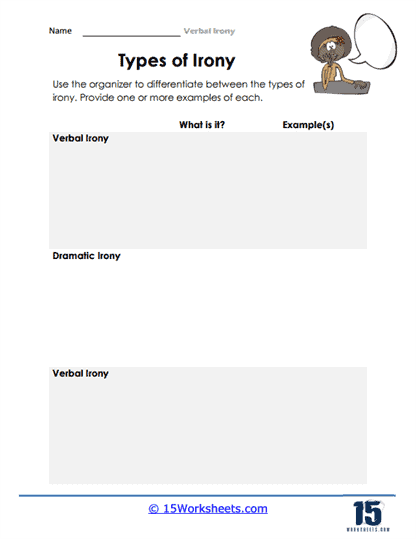 Figurative language worksheet focusing on verbal irony concepts and examples Verbal irony worksheet for eighth grade exploring sarcasm, exaggeration, and understatement