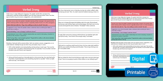 Eighth grade figurative language worksheet on verbal irony, including sarcasm and understatement examples Verbal irony worksheet for eighth graders featuring definitions and examples of sarcasm and exaggeration