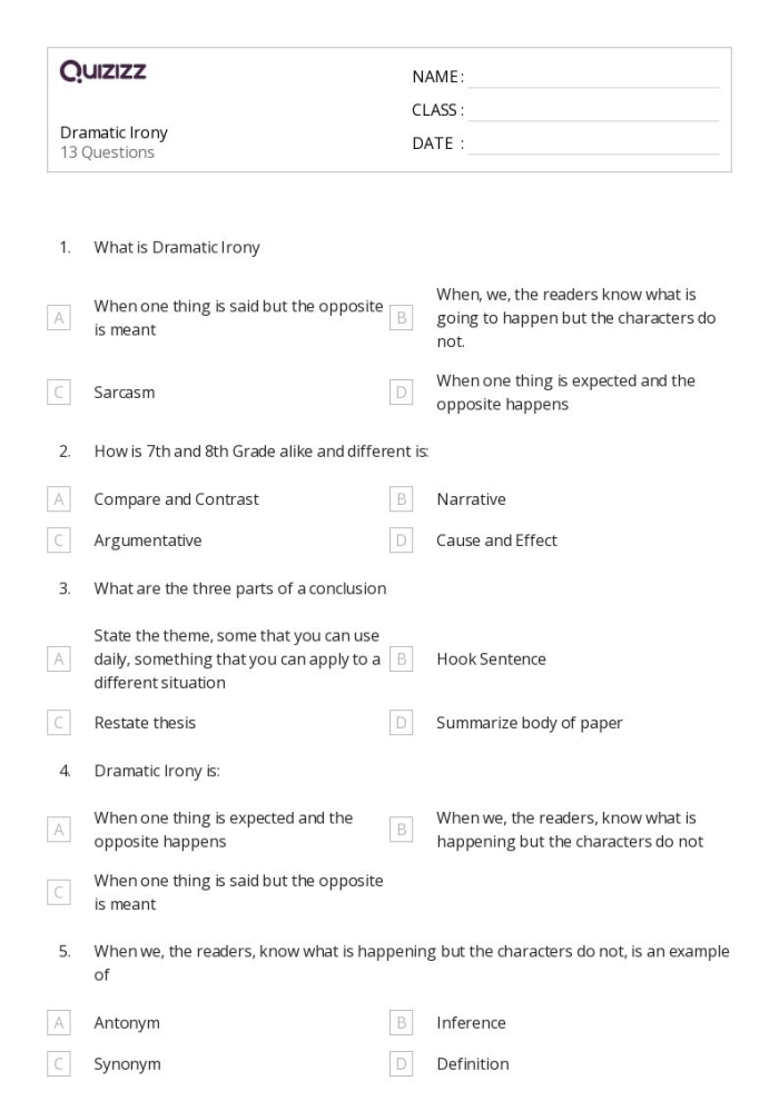 Addition worksheet for Eighth Grade Verbal irony worksheet for eighth graders focusing on sarcasm, exaggeration, and understatement. Engaging worksheet to help students understand figurative language concepts.