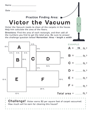 Geometry practice for fourth graders focusing on room area calculations Worksheet featuring Victor the Vacuum helping students calculate areas of a floor plan