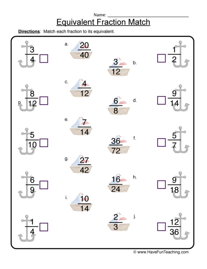 Third grade student worksheet with visual models for matching equivalent fractions in life science