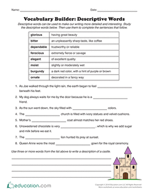 Interactive activity to enhance students' descriptive writing skills Vocabulary Builder worksheet featuring descriptive words for fourth-grade students