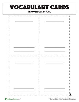 Vocabulary cards designed for the Constructing Words worksheet in a kindergarten EL support lesson